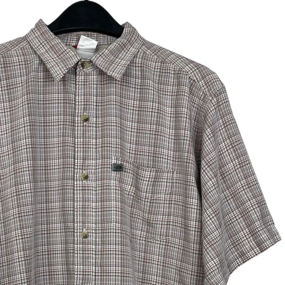 The North Face Mens Large Brown Plaid Short Sleeve Button Down Shirt Modal Blend
